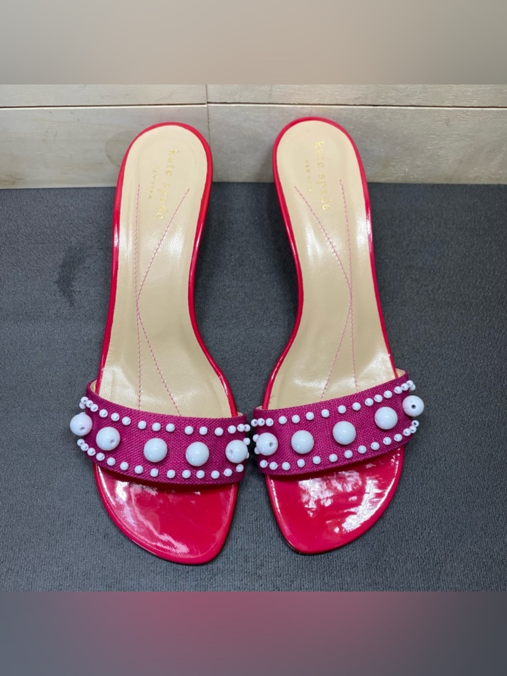 Kate Spade Chance Pink Linen Pumps Women's Size 9 Shoes B Leather Kitten Heels - Picture 7 of 9